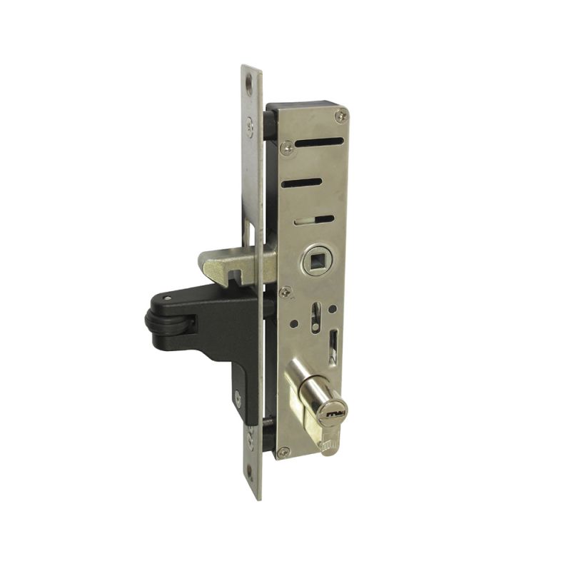 Serrure encastrée à crochet avec galet de recentrage